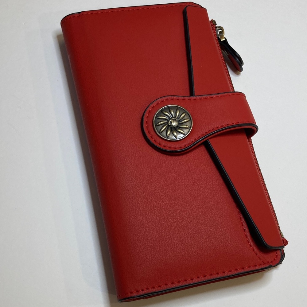 Travelambo Red Women's Leather Clutch Wallet RFID with Floral Button